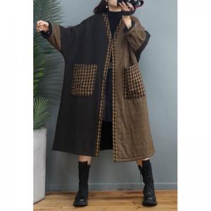 Plaid Pockets Cotton Linen Coat Plus Size Midi Quilted Coat