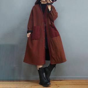 Plaid Pockets Cotton Linen Coat Plus Size Midi Quilted Coat