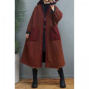 Plaid Pockets Cotton Linen Coat Plus Size Midi Quilted Coat