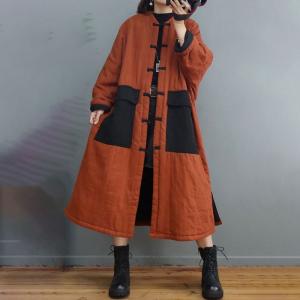 Vintage Buttons Cotton Linen Chinese Coat Large Quilted Coat Dress