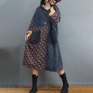 Bicolored Loose Floral Hooded Dress Cotton Linen Dotted Dress