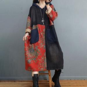 Bicolored Loose Floral Hooded Dress Cotton Linen Dotted Dress