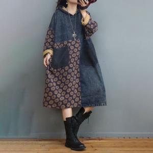 Bicolored Loose Floral Hooded Dress Cotton Linen Dotted Dress