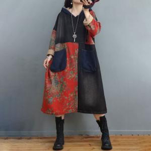 Bicolored Loose Floral Hooded Dress Cotton Linen Dotted Dress