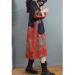 Bicolored Loose Floral Hooded Dress Cotton Linen Dotted Dress