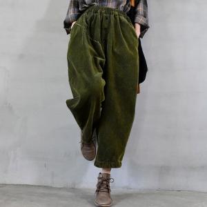 Classic Corduroy Wide Leg Pants Elastic Waist Vintage Trousers