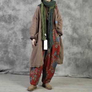 V-Neck Patchwork Quilted Linen Coat Plus Size Midi Chinese Coat