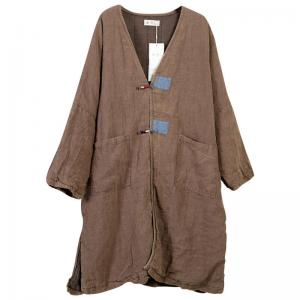 V-Neck Patchwork Quilted Linen Coat Plus Size Midi Chinese Coat