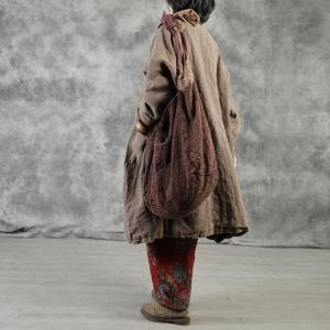 V-Neck Patchwork Quilted Linen Coat Plus Size Midi Chinese Coat