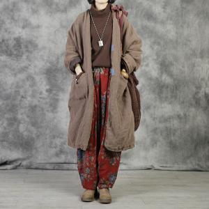 V-Neck Patchwork Quilted Linen Coat Plus Size Midi Chinese Coat