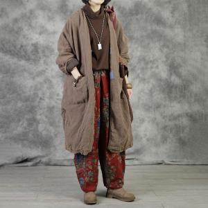 V-Neck Patchwork Quilted Linen Coat Plus Size Midi Chinese Coat