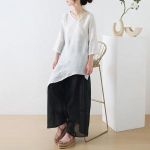 Asymmetrical Linen Tunic Blouse Designer Embroidered Shirt