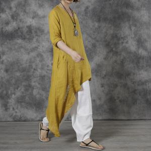 Asymmetrical Linen Tunic Blouse Designer Embroidered Shirt