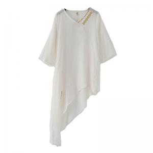 Asymmetrical Linen Tunic Blouse Designer Embroidered Shirt