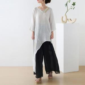 Asymmetrical Linen Tunic Blouse Designer Embroidered Shirt