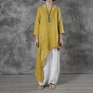 Asymmetrical Linen Tunic Blouse Designer Embroidered Shirt