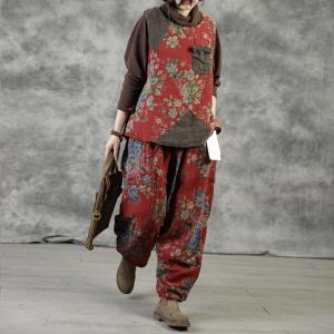 Red Quilted Puffer Pants Linen Floral Trousers for Women