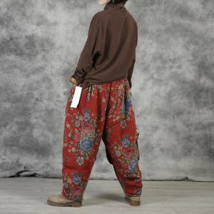 Red Quilted Puffer Pants Linen Floral Trousers for Women