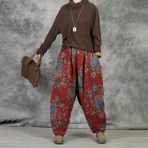 Red Quilted Puffer Pants Linen Floral Trousers for Women