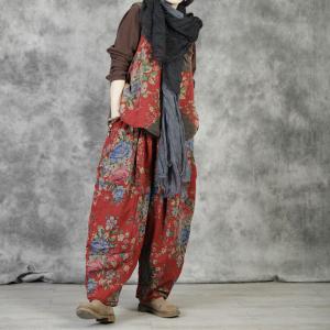 Red Quilted Puffer Pants Linen Floral Trousers for Women