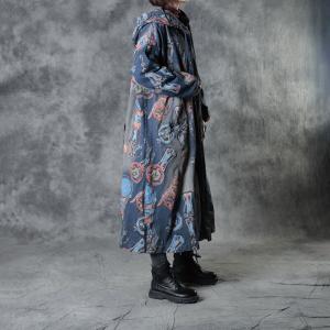 Artistic Graffiti Blue Coat Plus Size Cotton Hooded Coat