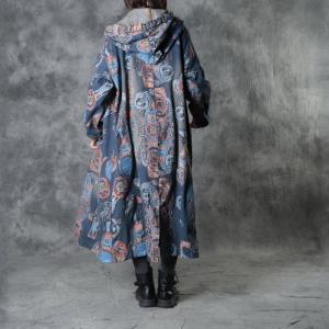 Artistic Graffiti Blue Coat Plus Size Cotton Hooded Coat