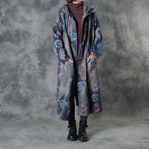 Artistic Graffiti Blue Coat Plus Size Cotton Hooded Coat
