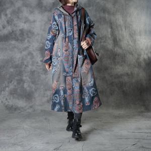 Artistic Graffiti Blue Coat Plus Size Cotton Hooded Coat