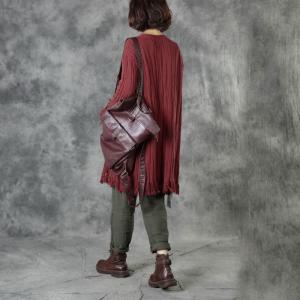 Simple Designer Cotton Knitting Cardigan Pleated Fringed Coat