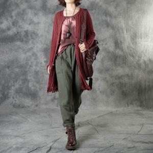 Simple Designer Cotton Knitting Cardigan Pleated Fringed Coat