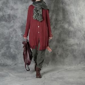 Simple Designer Cotton Knitting Cardigan Pleated Fringed Coat