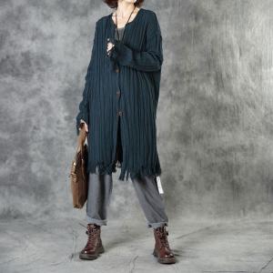 Simple Designer Cotton Knitting Cardigan Pleated Fringed Coat