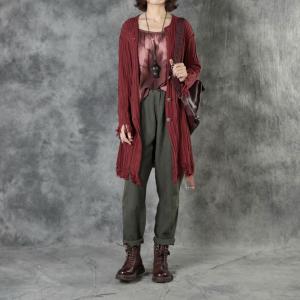 Simple Designer Cotton Knitting Cardigan Pleated Fringed Coat