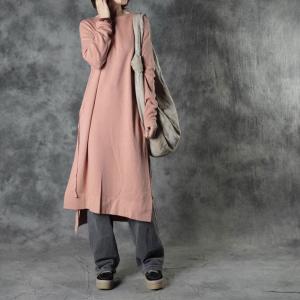 Cotton Linen Knitting Long Tunic Side Slits Short Dress