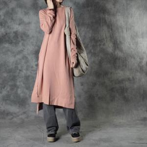 Cotton Linen Knitting Long Tunic Side Slits Short Dress