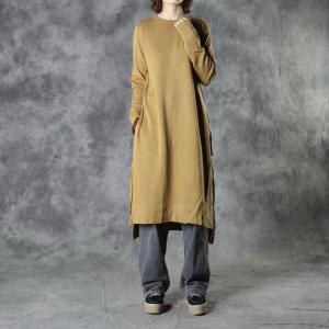 Cotton Linen Knitting Long Tunic Side Slits Short Dress