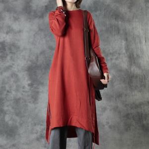 Cotton Linen Knitting Long Tunic Side Slits Short Dress