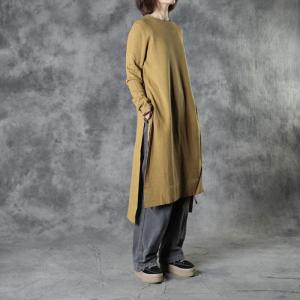 Cotton Linen Knitting Long Tunic Side Slits Short Dress