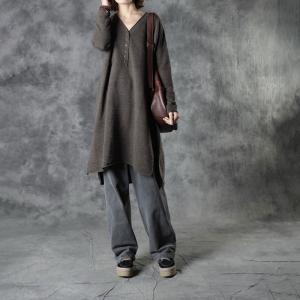 Henley Brown Tunic Sweater Long Sleeves Midi Pullover
