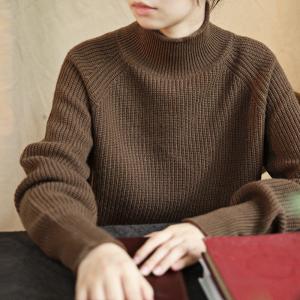 Sheep Wool High Collar Sweater Chunky Knit Brown Pullover