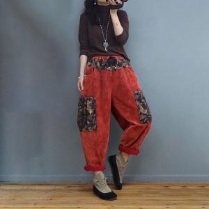 Printed Pockets Fleeced Corduroy Pants Womens Pull-On Pants