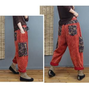 Printed Pockets Fleeced Corduroy Pants Womens Pull-On Pants