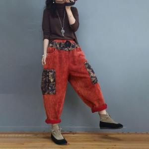 Printed Pockets Fleeced Corduroy Pants Womens Pull-On Pants