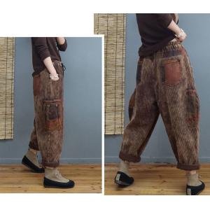 Printed Pockets Fleeced Corduroy Pants Womens Pull-On Pants