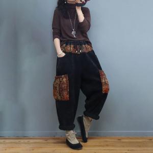 Printed Pockets Fleeced Corduroy Pants Womens Pull-On Pants