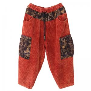 Printed Pockets Fleeced Corduroy Pants Womens Pull-On Pants