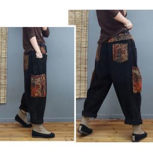 Printed Pockets Fleeced Corduroy Pants Womens Pull-On Pants