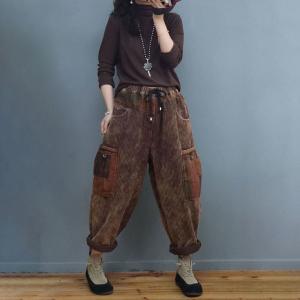 Printed Pockets Fleeced Corduroy Pants Womens Pull-On Pants