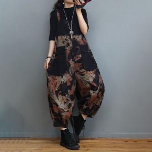 Large Size Printed Overalls Balloon Legs Black Overalls