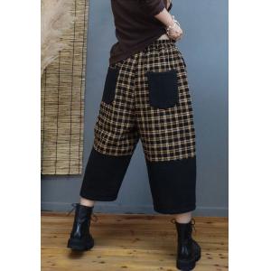 Cotton Quilted Cropped Pants Drawstring Waist Winter Tartan Trousers